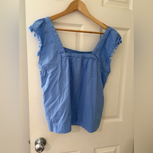 J. Crew square neck Pom Pom sleeve blue top size 10 - Picture 3 of 9